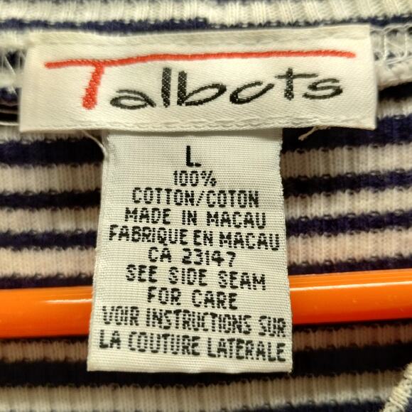 Vintage Talbots Size Large Navy Blue White Stripe Sweater-Texture Cotton T-Shirt - Picture 4 of 4